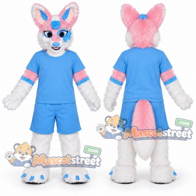 White Pink and Blue Canine Mascot Costume with Light Blue Shirt and Shorts White Pink and Blue Canine Mascot Costume with Light Blue Shirt and Shorts