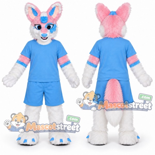 White Pink and Blue Canine Mascot Costume with Light Blue Shirt and Shorts