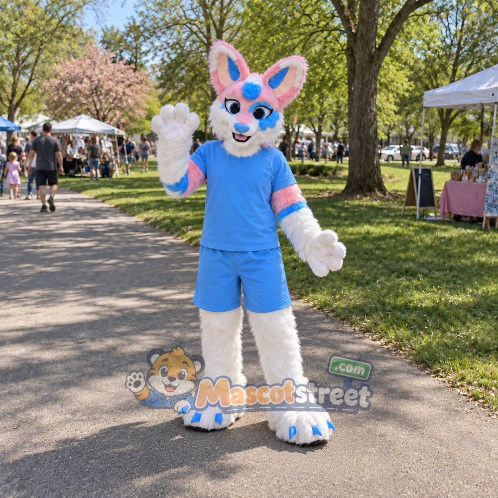White Pink and Blue Canine Mascot Costume with Light Blue Shirt and Shorts White Pink and Blue Canine Mascot Costume with Light Blue Shirt and Shorts