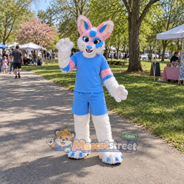 White Pink and Blue Canine Mascot Costume with Light Blue Shirt and Shorts