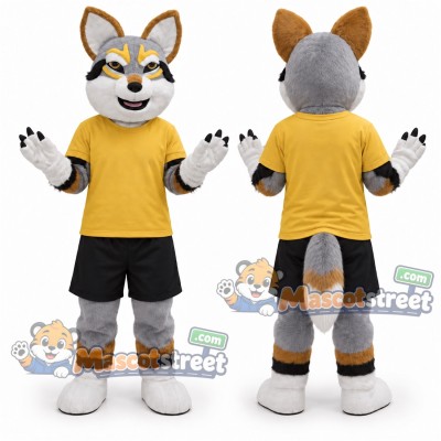 Gray and Tan Canine Mascot Costume with Yellow Shirt and Black Shorts Gray and Tan Canine Mascot Costume with Yellow Shirt and Black Shorts