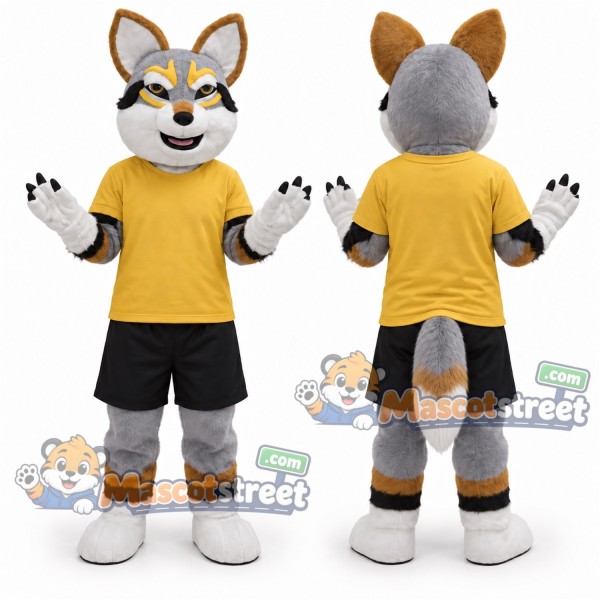 Gray and Tan Canine Mascot Costume with Yellow Shirt and Black Shorts