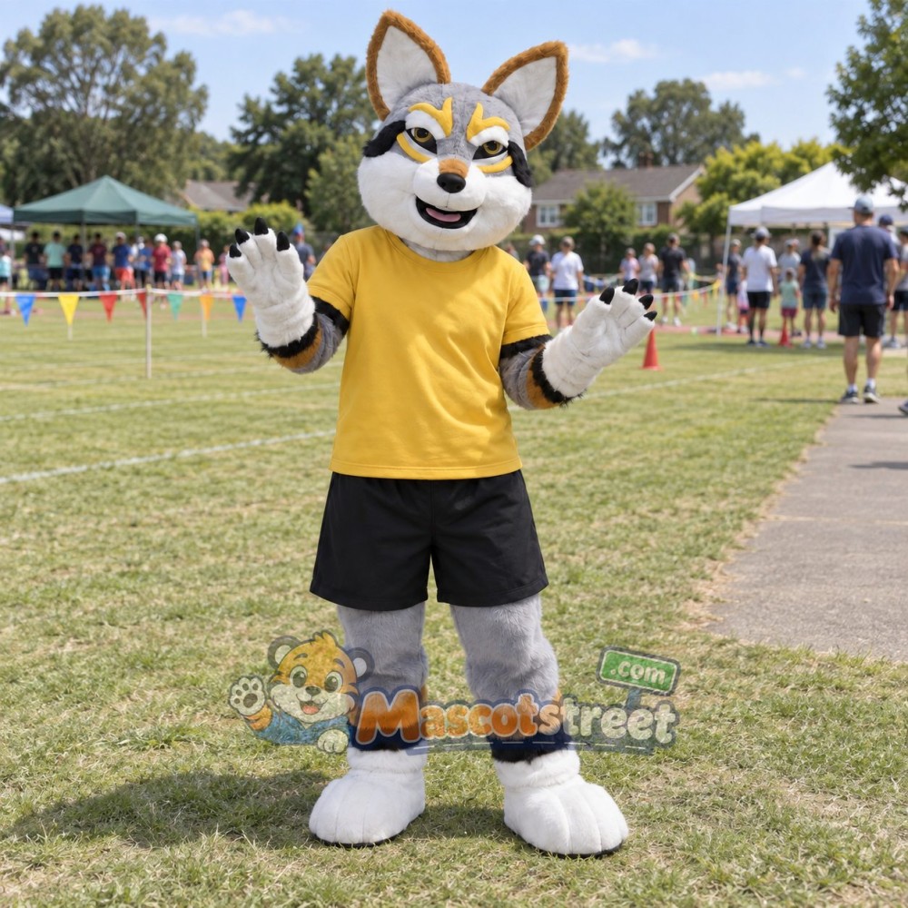 Gray and Tan Canine Mascot Costume with Yellow Shirt and Black Shorts