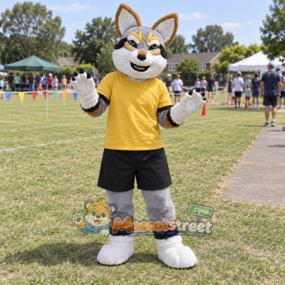 Gray and Tan Canine Mascot Costume with Yellow Shirt and Black Shorts