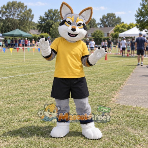 Gray and Tan Canine Mascot Costume with Yellow Shirt and Black Shorts Gray and Tan Canine Mascot Costume with Yellow Shirt and Black Shorts