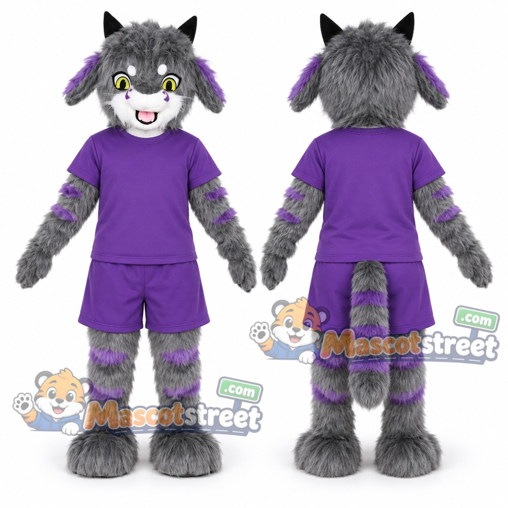 Gray Furry Monster Mascot Costume with Purple Shirt and Shorts