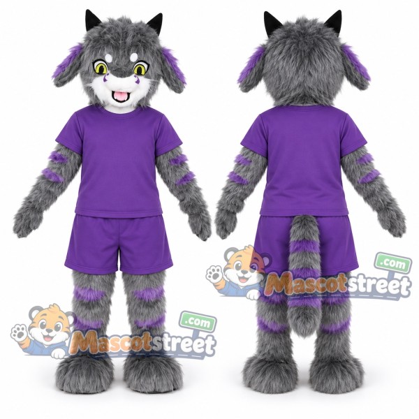 Gray Furry Monster Mascot Costume with Purple Shirt and Shorts