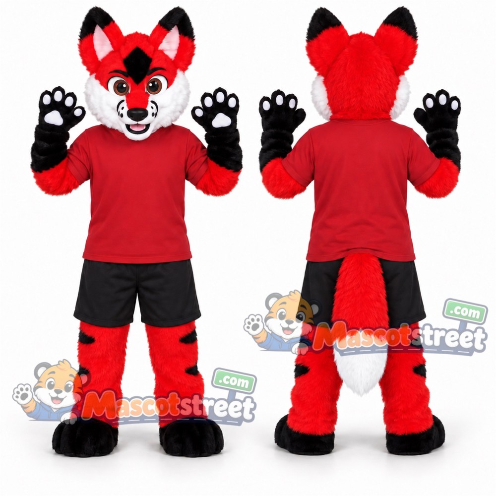 Red and Black Canine Mascot Costume with Red Shirt and Black Shorts Red and Black Canine Mascot Costume with Red Shirt and Black Shorts