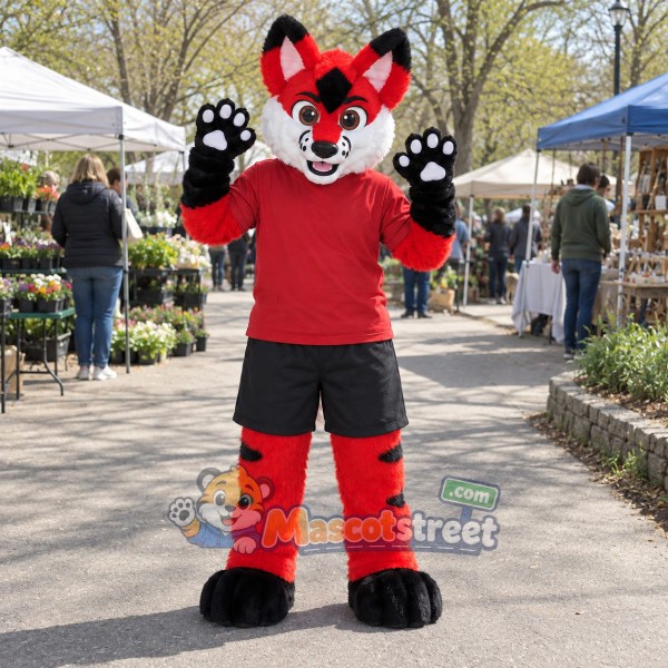 Red and Black Canine Mascot Costume with Red Shirt and Black Shorts