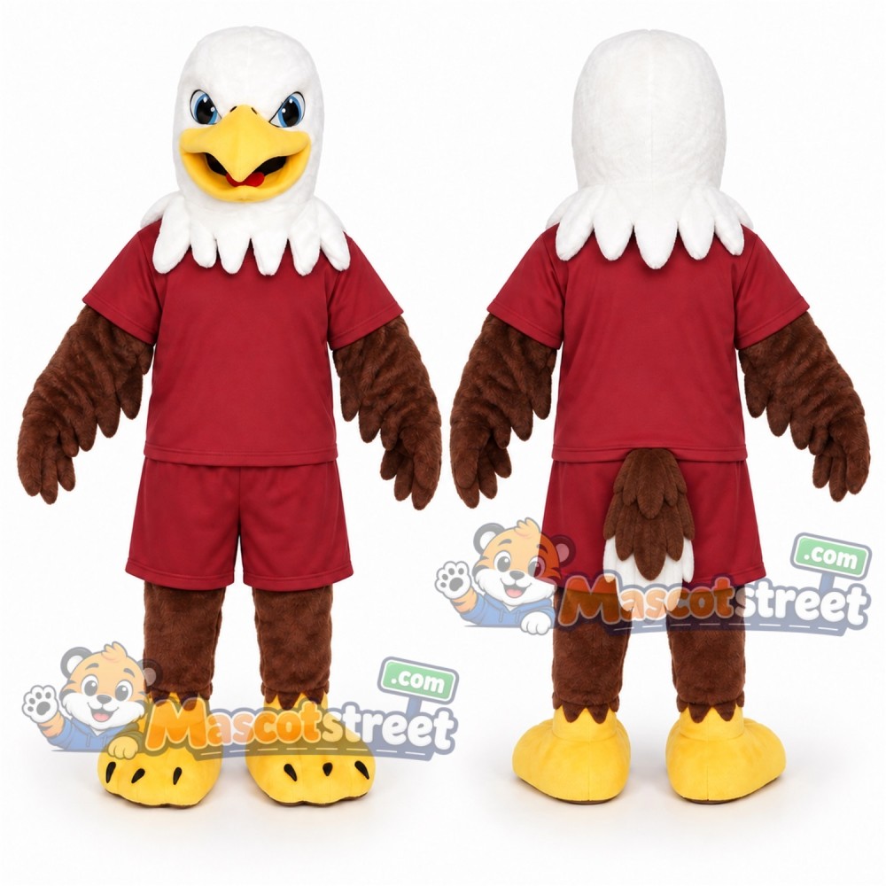 Bald Eagle Mascot Costume with Burgundy Shirt and Shorts Bald Eagle Mascot Costume with Burgundy Shirt and Shorts