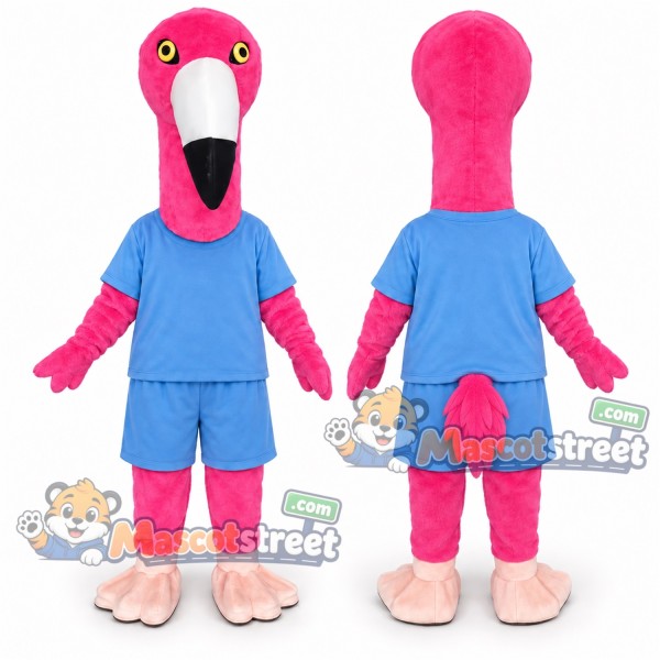 Pink Flamingo Mascot Costume with Light Blue Shirt and Shorts
