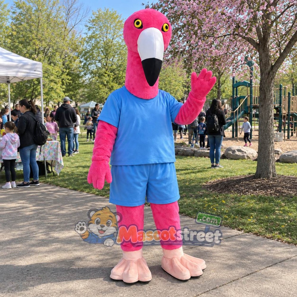 Pink Flamingo Mascot Costume with Light Blue Shirt and Shorts