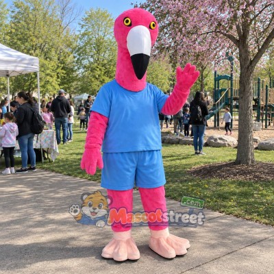 Pink Flamingo Mascot Costume with Light Blue Shirt and Shorts