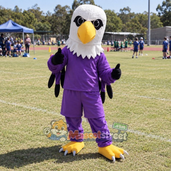 White and Purple Eagle Mascot Costume with Purple Shirt and Pants
