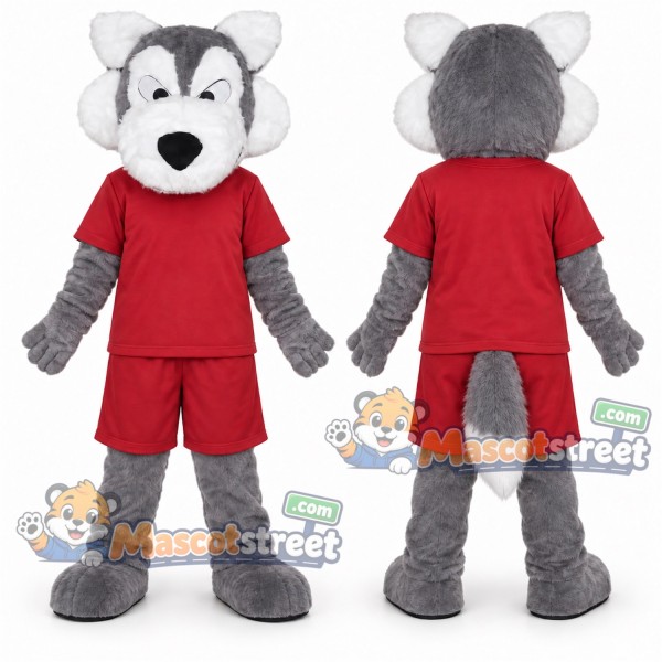 Gray and White Wolf Mascot Costume with Red Shirt and Shorts