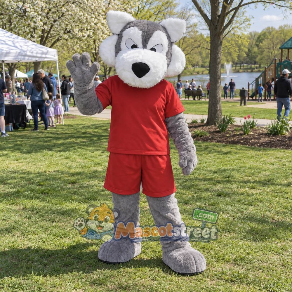 Gray and White Wolf Mascot Costume with Red Shirt and Shorts Gray and White Wolf Mascot Costume with Red Shirt and Shorts