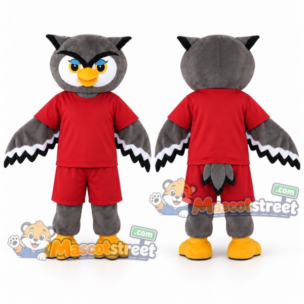 Gray Owl Mascot Costume with Red Shirt and Shorts