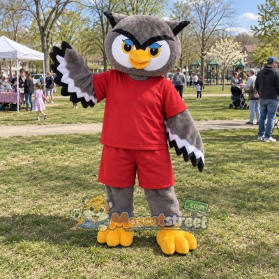 Gray Owl Mascot Costume with Red Shirt and Shorts