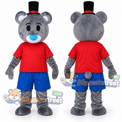 Gray Bear Mascot Costume with Red Shirt, Blue Shorts and Black Top Hat Gray Bear Mascot Costume with Red Shirt, Blue Shorts and Black Top Hat