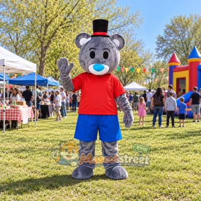 Gray Bear Mascot Costume with Red Shirt, Blue Shorts and Black Top Hat