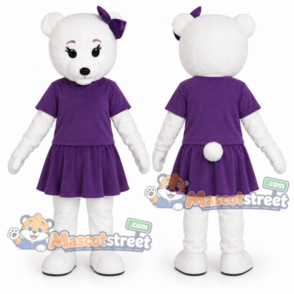 White Bear Mascot Costume with Purple Dress