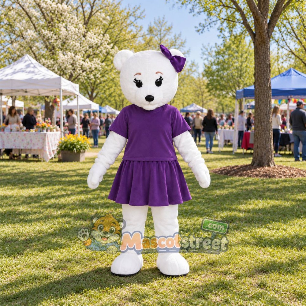 White Bear Mascot Costume with Purple Dress White Bear Mascot Costume with Purple Dress