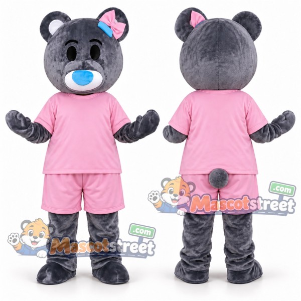 Gray Bear Mascot Costume with Pink Shirt and Shorts