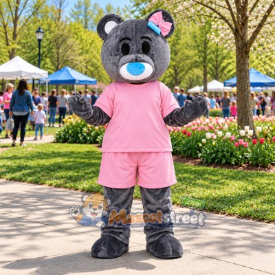 Gray Bear Mascot Costume with Pink Shirt and Shorts Gray Bear Mascot Costume with Pink Shirt and Shorts