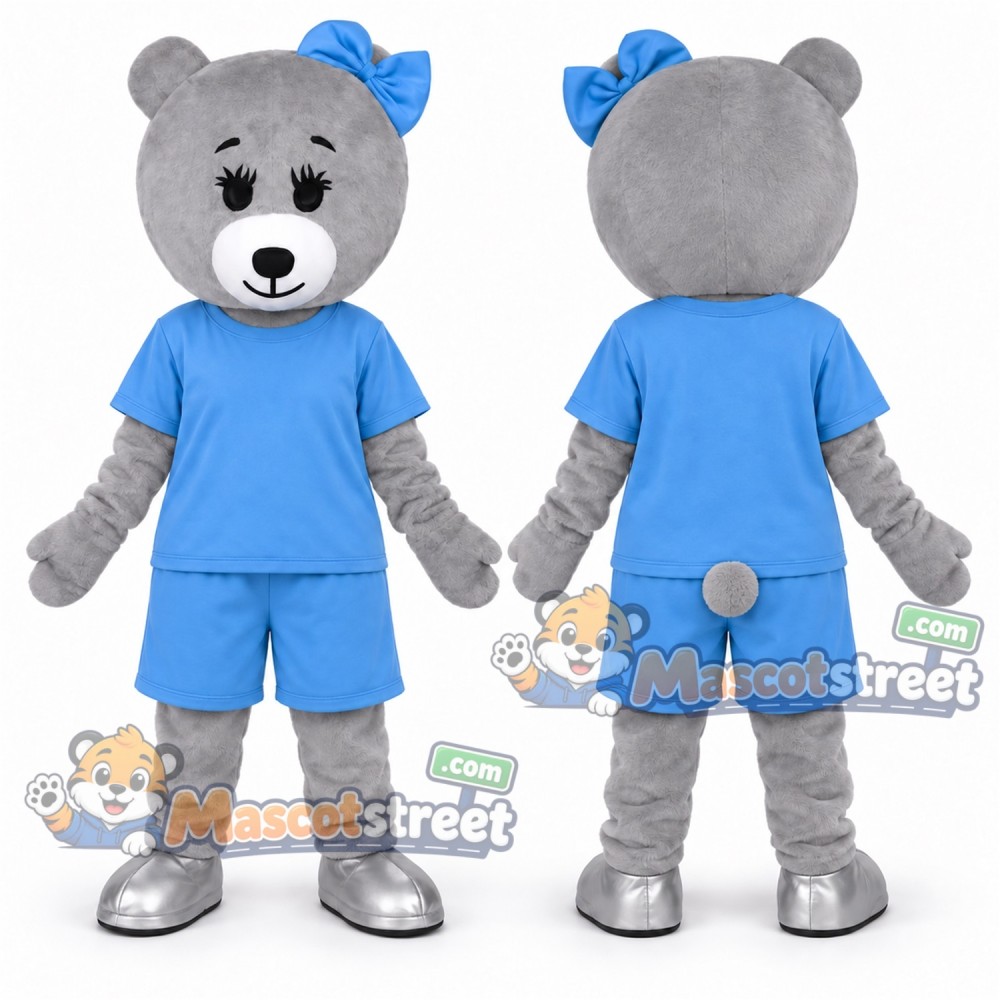 Gray Bear Mascot Costume with Light Blue Shirt and Shorts