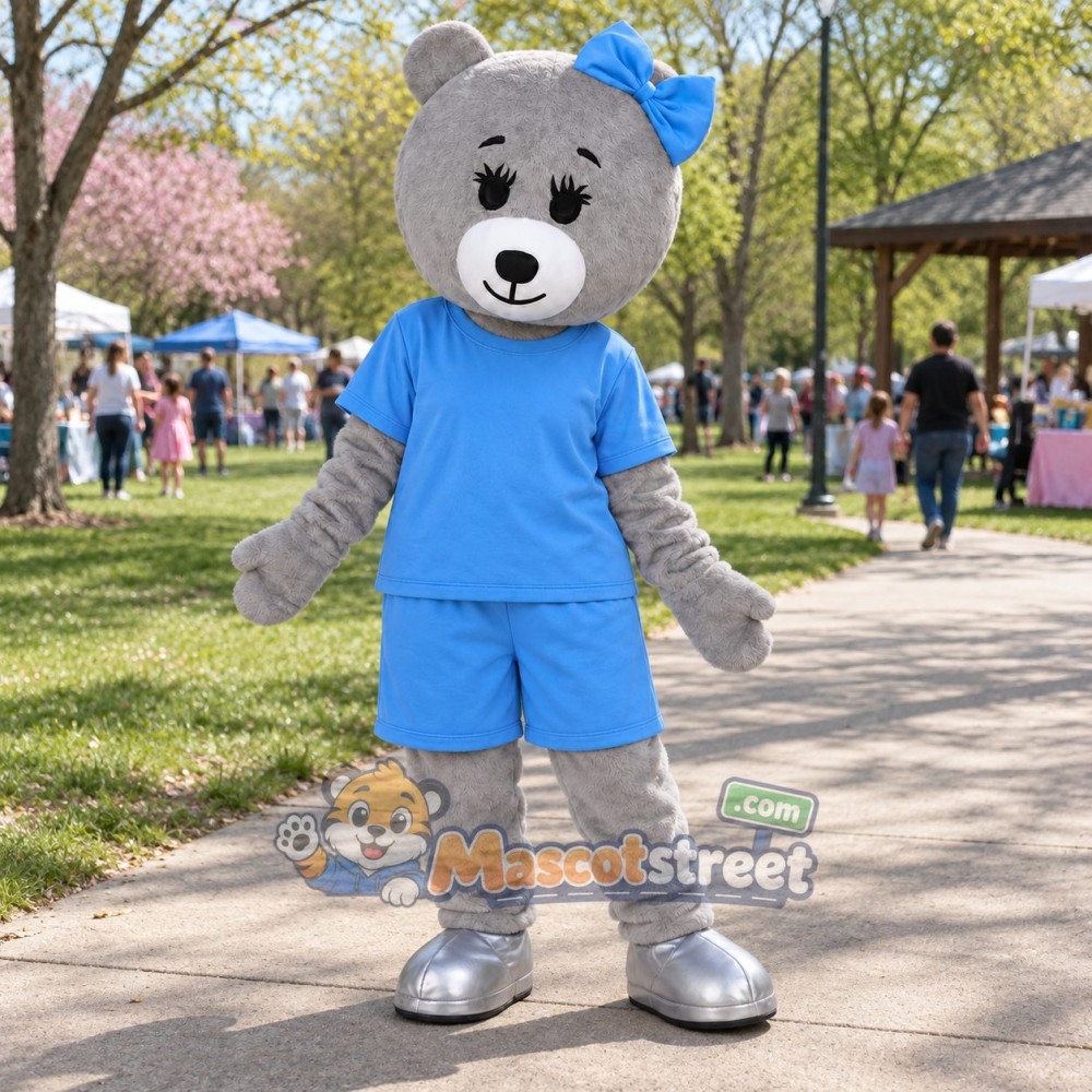 Gray Bear Mascot Costume with Light Blue Shirt and Shorts Gray Bear Mascot Costume with Light Blue Shirt and Shorts