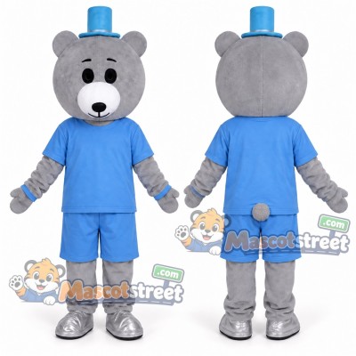 Gray Bear Mascot Costume with Light Blue Shirt, Light Blue Shorts and Blue Top Hat Gray Bear Mascot Costume with Light Blue Shirt, Light Blue Shorts and Blue Top Hat