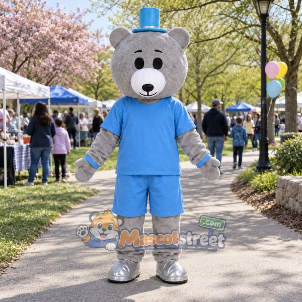 Gray Bear Mascot Costume with Light Blue Shirt, Light Blue Shorts and Blue Top Hat