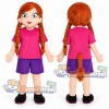 Red Haired Girl Mascot Costume with Pink Shirt and Purple Shorts
