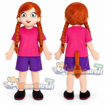 Red Haired Girl Mascot Costume with Pink Shirt and Purple Shorts Red Haired Girl Mascot Costume with Pink Shirt and Purple Shorts