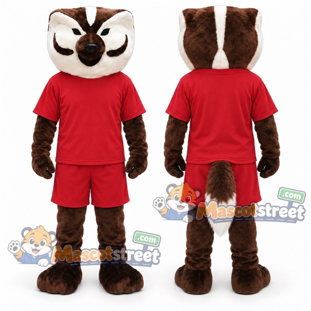 Brown and White Badger Mascot Costume with Red Shirt and Shorts