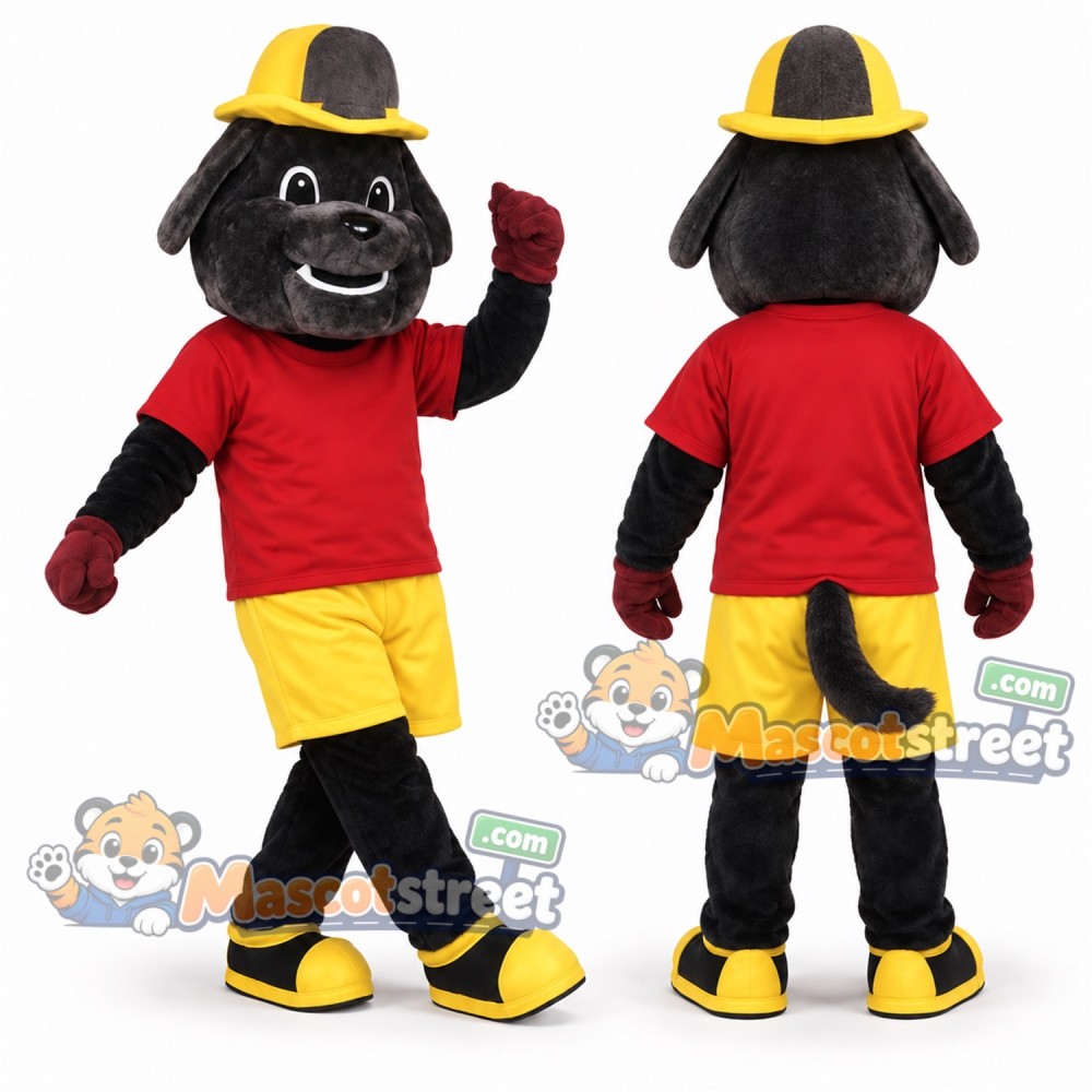 Black Firefighter Dog Mascot Costume with Red Shirt, Yellow Shorts and Firefighter Helmet