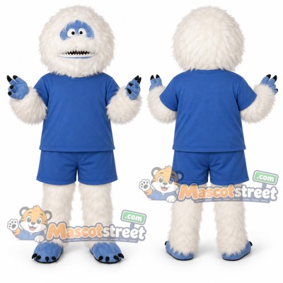 White Yeti Mascot Costume with Blue Shirt and Shorts White Yeti Mascot Costume with Blue Shirt and Shorts