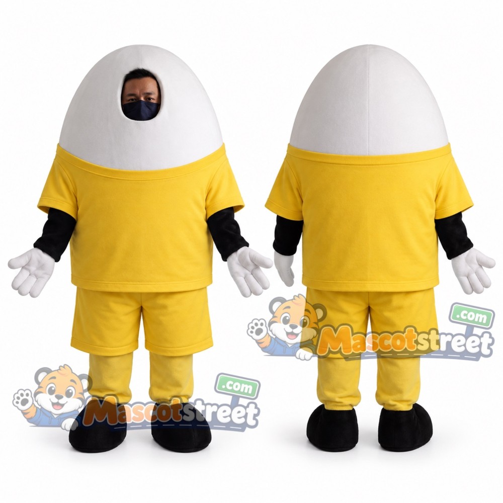 White Egg Mascot Costume with Yellow Shirt and Shorts