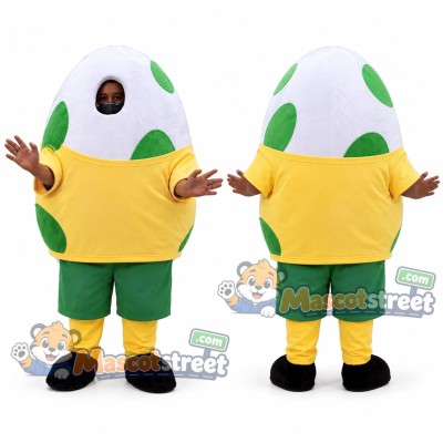 White and Green Spotted Egg Mascot Costume with Yellow Shirt and Green Shorts