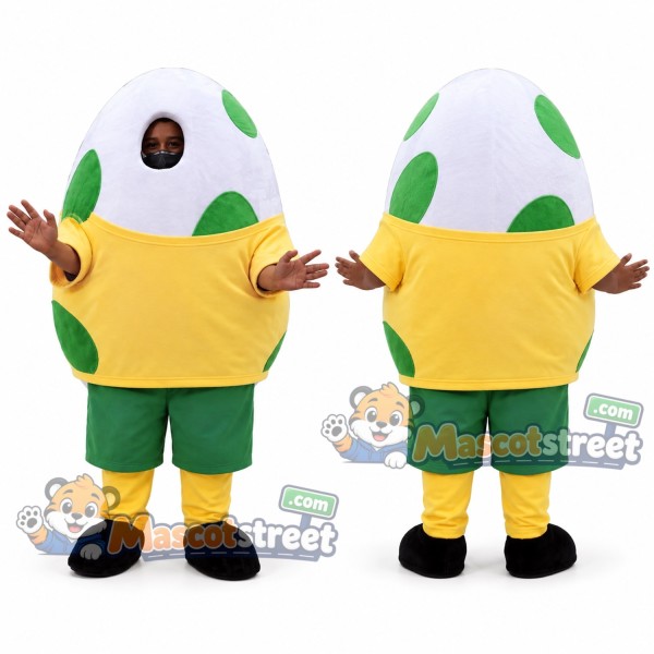 White and Green Spotted Egg Mascot Costume with Yellow Shirt and Green Shorts