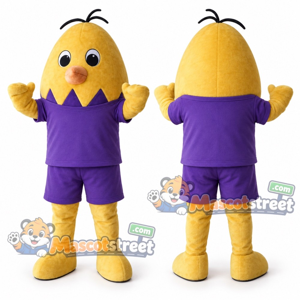 Yellow Easter Egg Mascot Costume with Purple Shirt and Shorts Yellow Easter Egg Mascot Costume with Purple Shirt and Shorts