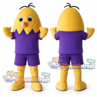 Yellow Easter Egg Mascot Costume with Purple Shirt and Shorts Yellow Easter Egg Mascot Costume with Purple Shirt and Shorts