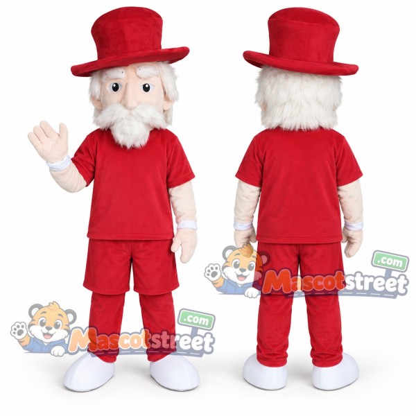 Bearded Man Mascot Costume with Red Shirt, Red Shorts and Red Top Hat