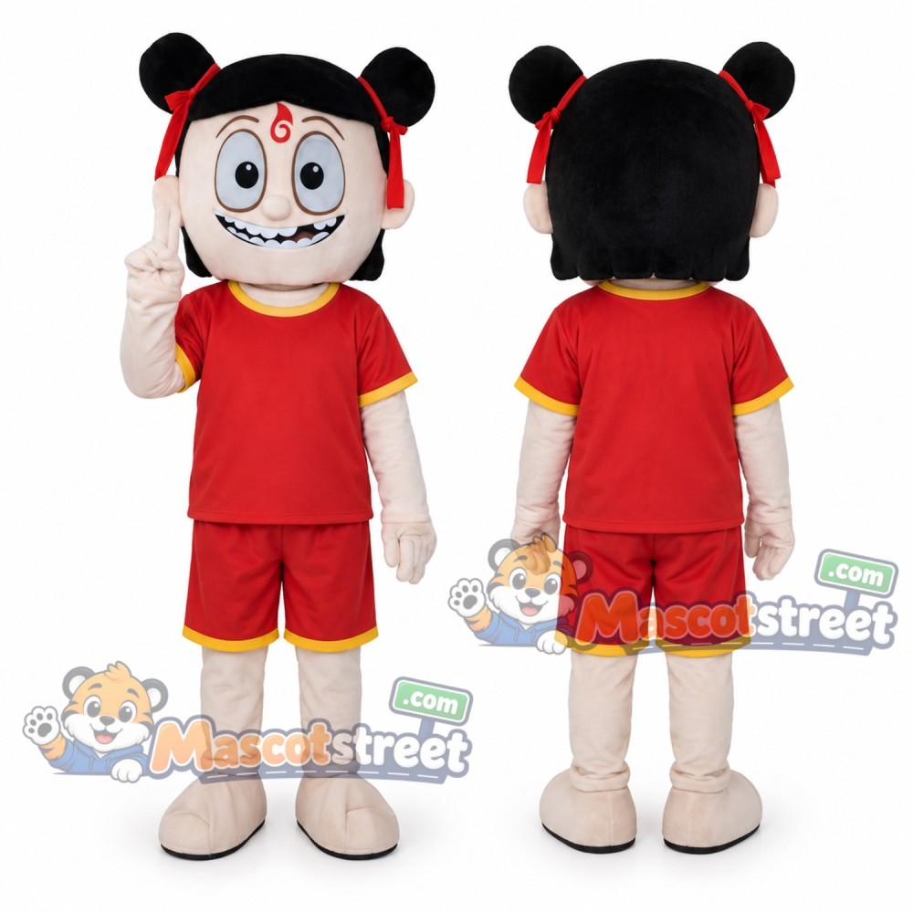Boy with Hair Buns Mascot Costume with Red Shirt and Shorts Boy with Hair Buns Mascot Costume with Red Shirt and Shorts