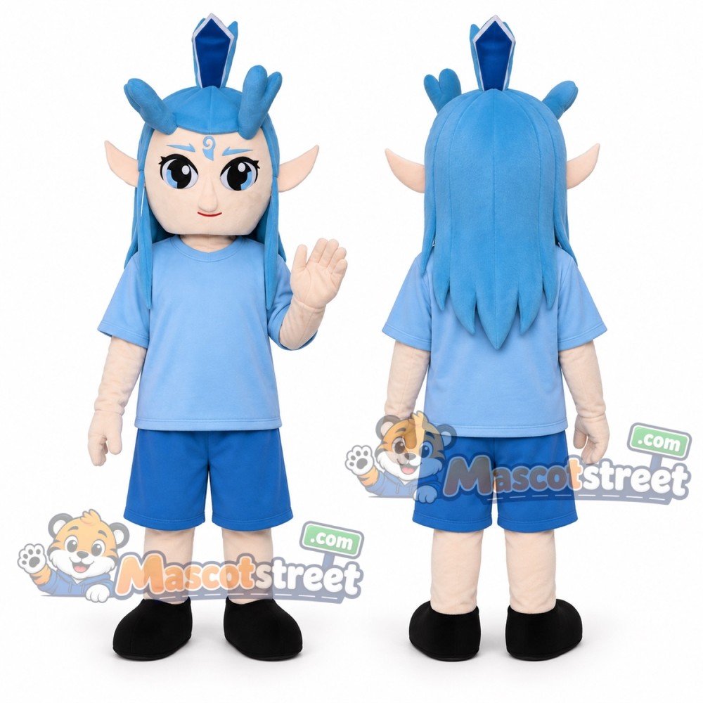 Blue Haired Dragon Boy Mascot Costume with Light Blue Shirt and Blue Shorts