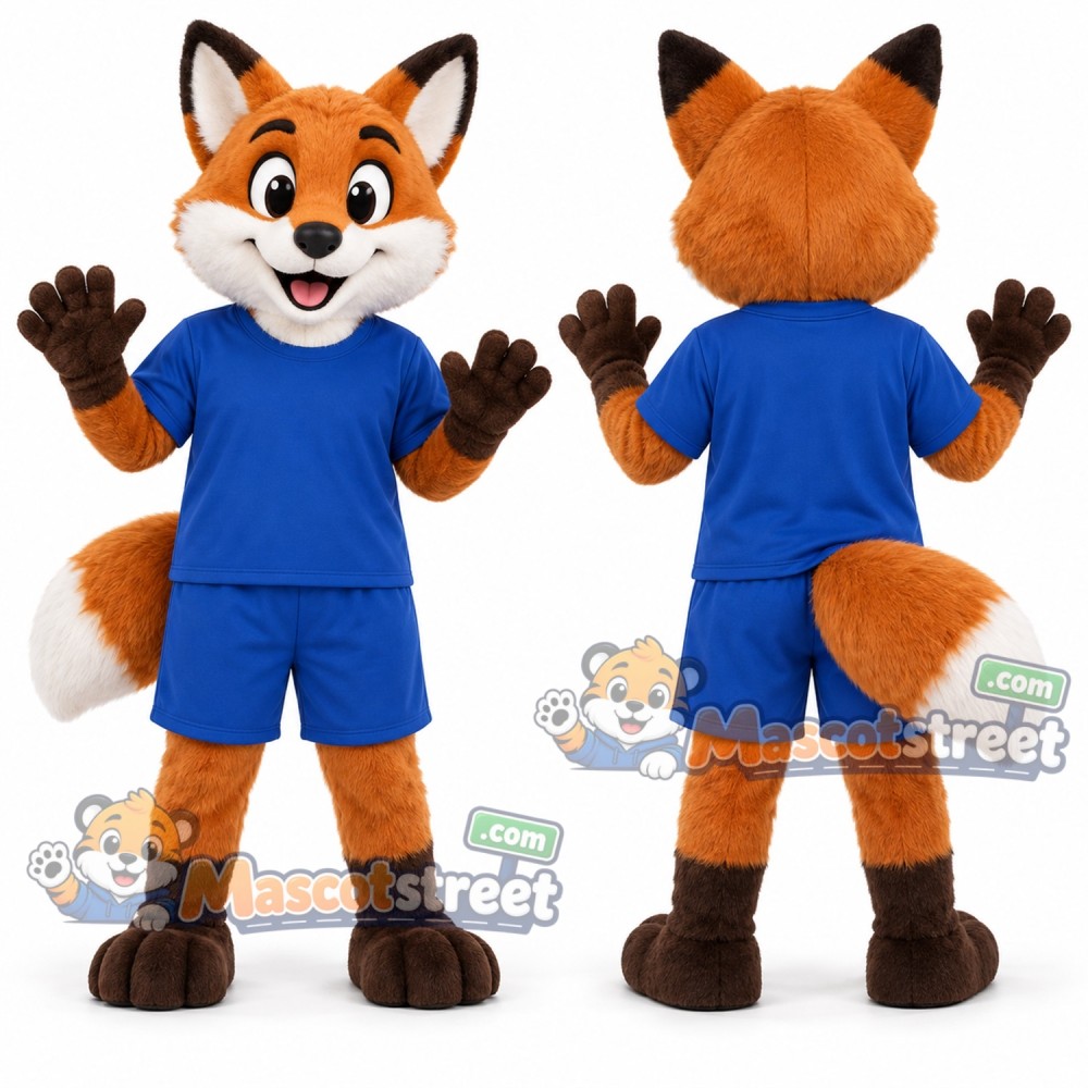 Orange Fox Mascot Costume with Blue Shirt and Shorts Orange Fox Mascot Costume with Blue Shirt and Shorts