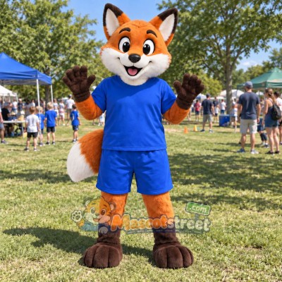 Orange Fox Mascot Costume with Blue Shirt and Shorts Orange Fox Mascot Costume with Blue Shirt and Shorts