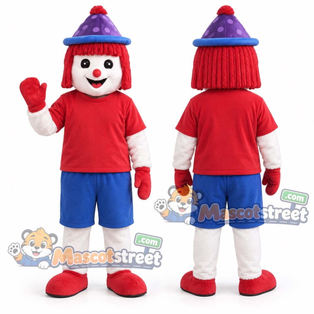 Clown Mascot Costume with Red Shirt, Blue Shorts and Purple Hat
