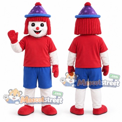 Clown Mascot Costume with Red Shirt, Blue Shorts and Purple Hat