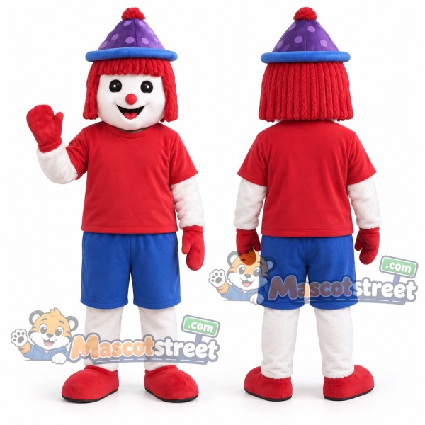 Clown Mascot Costume with Red Shirt, Blue Shorts and Purple Hat